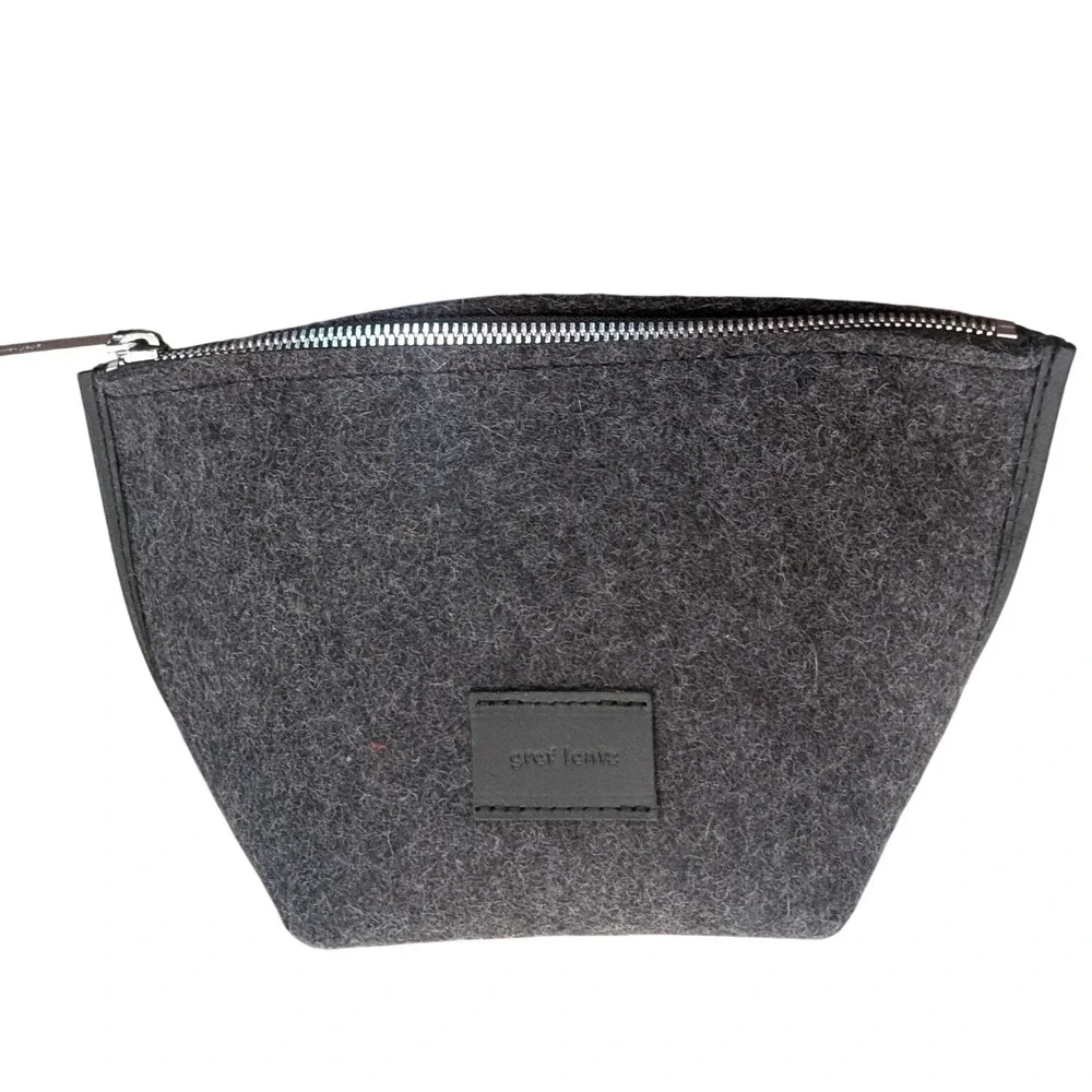 Graf Lantz Hana Merino Wool Pouch Charcoal Felt Bag Gray Leather Trim Makeup Bag